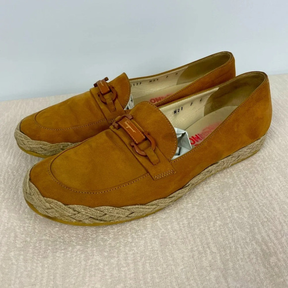 Salvatore Ferragamo Tan Gancini Espadrille Loafer Slip On Leather Flats - Picture 1 of 10